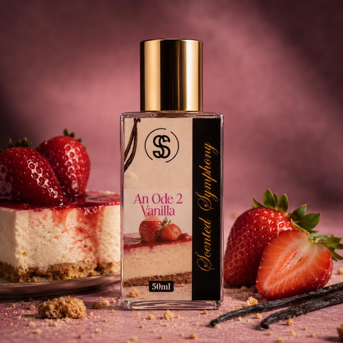 Perfume bottle labeled 'An Ode 2 Vanilla' with strawberries and vanilla beans on a pink background