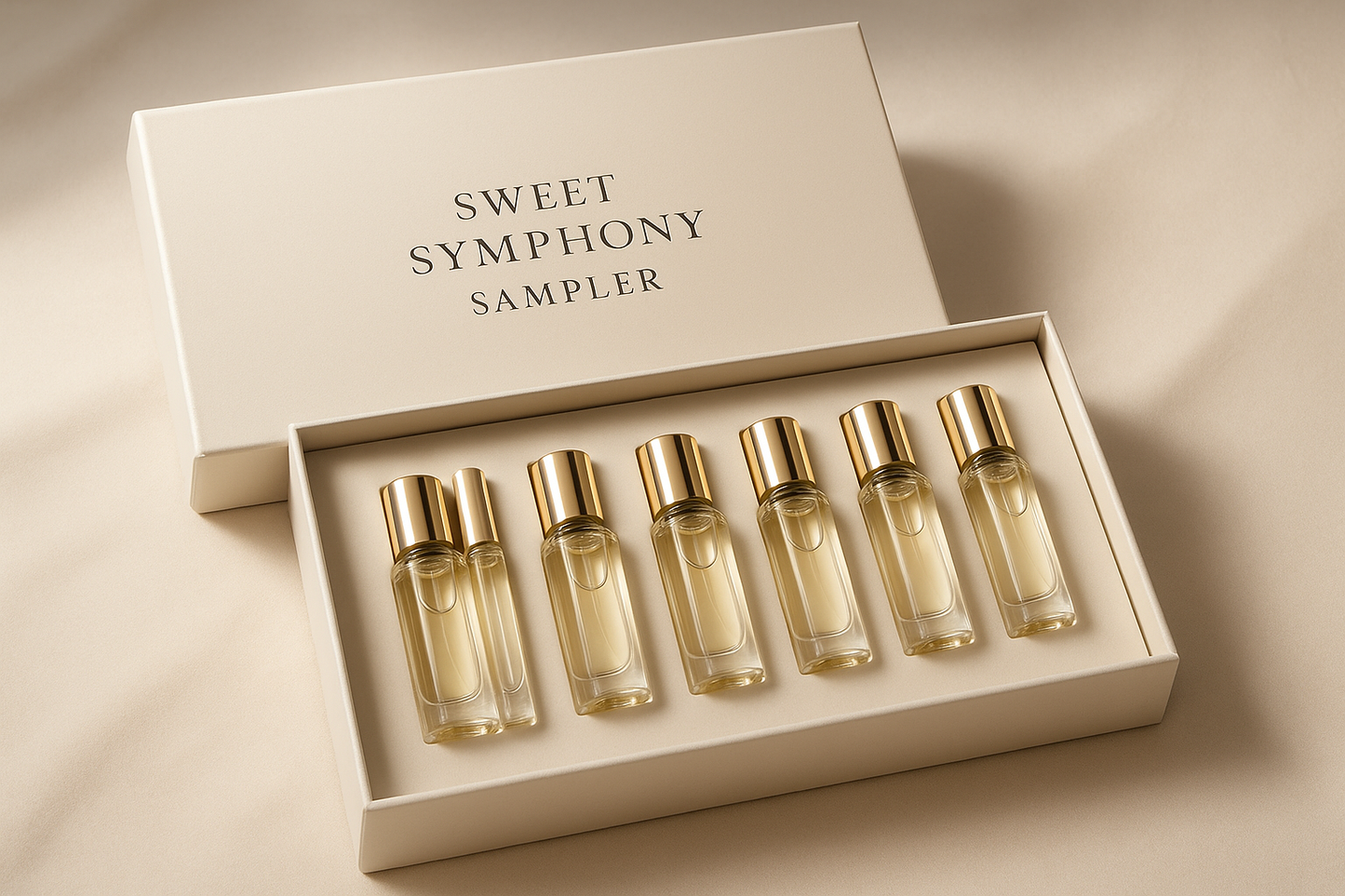 write sweet symphony sampler on a perfume collecton box of six bottles